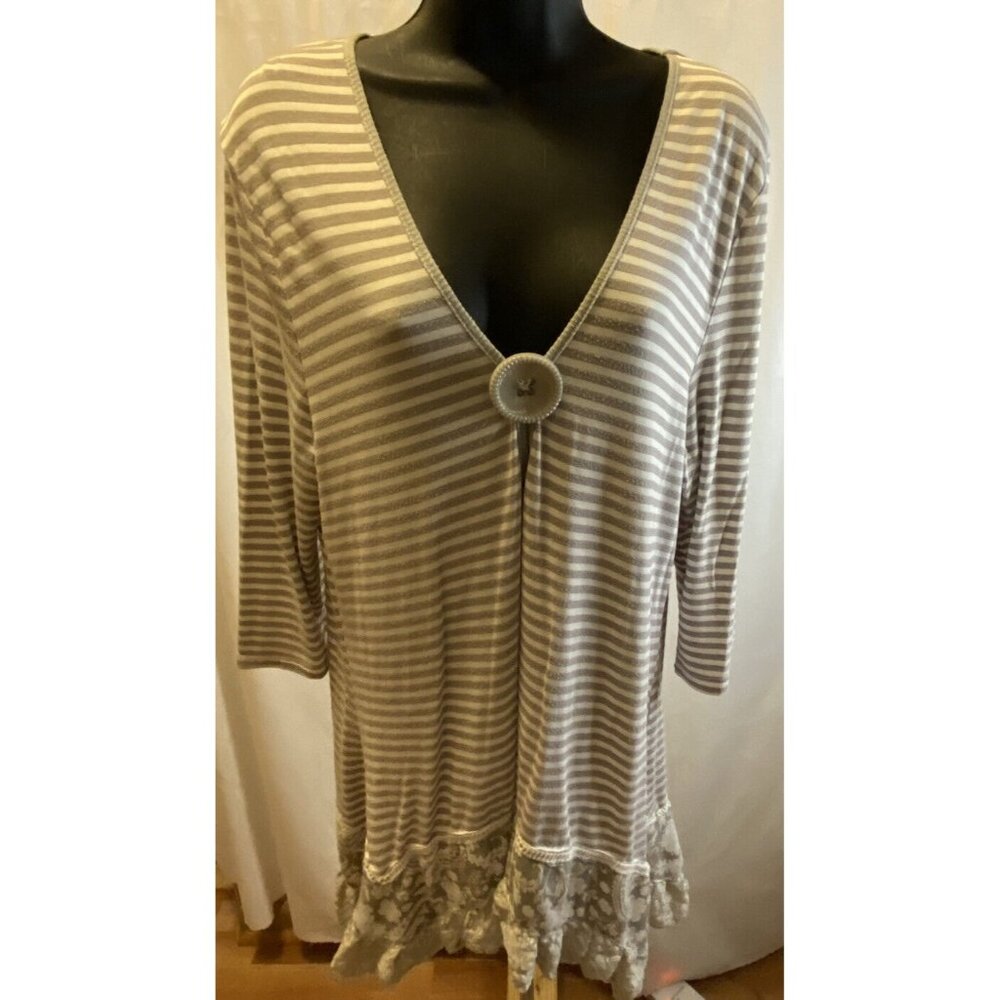 Aster by Firmiana Top Blouse Women Large L  Beige Striped Floral 3/4 Sleeve Boho